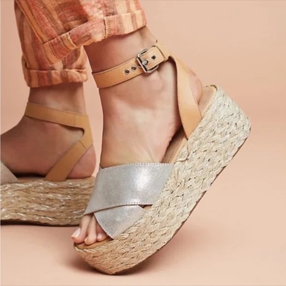 Seychelles Silver and Tan Espadrille Wedges